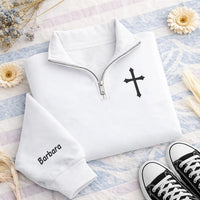 Personalized Christian Embroidered Quarter Zip Sweatshirt, Custom Cross Pullover, Faith Based Gift, Church Outfit, Christian Gift for Her
