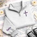 Personalized Christian Embroidered Quarter Zip Sweatshirt, Custom Cross Pullover, Faith Based Gift, Church Outfit, Christian Gift for Her