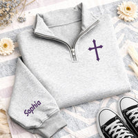 Personalized Christian Embroidered Quarter Zip Sweatshirt, Custom Cross Pullover, Faith Based Gift, Church Outfit, Christian Gift for Her