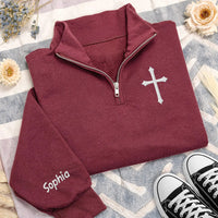 Personalized Christian Embroidered Quarter Zip Sweatshirt, Custom Cross Pullover, Faith Based Gift, Church Outfit, Christian Gift for Her