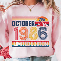 Custom October 1986 Limited Edition Sweatshirt, Retro Sunset Vintage Crewneck, Born in 1986 Birthday Top, Matching Birthday, Gift for Her