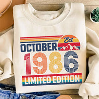 Custom October 1986 Limited Edition Sweatshirt, Retro Sunset Vintage Crewneck, Born in 1986 Birthday Top, Matching Birthday, Gift for Her