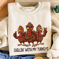 Chillin With My Turkeys Thanksgiving Sweatshirt, Funny Turkey Day Tee, Retro Holiday Tee, Turkey Day Dinner Outfit, Fall Harvest Party Gift