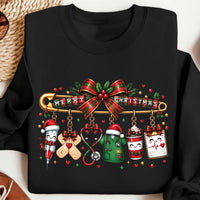 Merry Christmas Nurse Safety Pin Charm Shirt, Cute Retro Holiday Tee, Santa Syringe Medical Shirt, RN Christmas Gift, Gift for Nurse