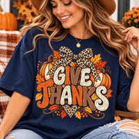 Give Thanks Shirt, Retro Thanksgiving Leopard Tee, Pumpkin Bow Graphic T-Shirt, Cute Cozy Fall Autumn Outfit, Thanksgiving Day Gift
