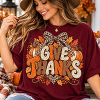 Give Thanks Shirt, Retro Thanksgiving Leopard Tee, Pumpkin Bow Graphic T-Shirt, Cute Cozy Fall Autumn Outfit, Thanksgiving Day Gift
