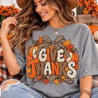 Give Thanks Shirt, Retro Thanksgiving Leopard Tee, Pumpkin Bow Graphic T-Shirt, Cute Cozy Fall Autumn Outfit, Thanksgiving Day Gift