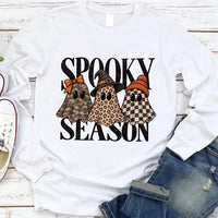 Spooky Season Halloween Sweatshirt, Leopard Camo Ghost Graphic Tee, Witch Hat Checkered Ghost, Halloween Party Outfit Shirt, Gift for Her