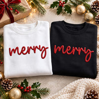 Merry Puff Print Christmas Sweatshirt, Red 3D Christmas Hoodie, Raised Puff Lettering Shirt, Holiday Spirit Wear, Holiday Gift for Her