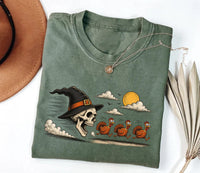 Vintage Skeleton Witch Hat Thanksgiving Shirt, Funny Skull Turkeys Tee, Retro Engraving Illustration, Spooky Fall Tee, Halloween Gift