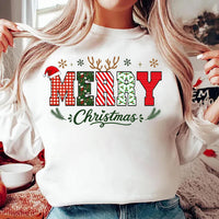 Merry Christmas Shirt, Patterned Letter Holiday Tee, Santa Hat Reindeer Sweatshirt, Festive Winter Family Outfit, Christmas Gift for Her