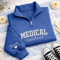 Personalized Medical Embroidered Quarter Zip Sweatshirt, Custom Name Sleeve, Hospital Shift Layer, Medical Team Gift, Nurses Week Gift