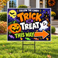 Candy Trick or Treat Halloween Yard Sign, Weatherproof Holiday Sign, Metal H-Stake Included, Trick or Treat Decor, Halloween Yard Sign