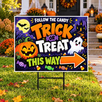 Candy Trick or Treat Halloween Yard Sign, Weatherproof Holiday Sign, Metal H-Stake Included, Trick or Treat Decor, Halloween Yard Sign