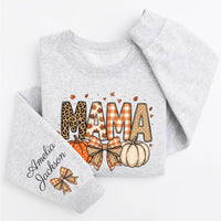 Personalized Fall Mama Patterned Sweatshirt, Custom Sleeve Name Crewneck, Pumpkin Bow Fall Shirt, Thanksgiving Outfit, Mama Birthday Gift