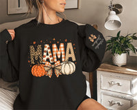 Personalized Fall Mama Patterned Sweatshirt, Custom Sleeve Name Crewneck, Pumpkin Bow Fall Shirt, Thanksgiving Outfit, Mama Birthday Gift