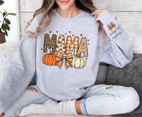 Personalized Fall Mama Patterned Sweatshirt, Custom Sleeve Name Crewneck, Pumpkin Bow Fall Shirt, Thanksgiving Outfit, Mama Birthday Gift