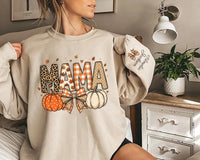 Personalized Fall Mama Patterned Sweatshirt, Custom Sleeve Name Crewneck, Pumpkin Bow Fall Shirt, Thanksgiving Outfit, Mama Birthday Gift