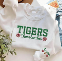 Custom Glitter Cheerleader Sweatshirt, Team Name Cheer Hoodie, Sleeve Name Varsity Shirt, Game Day Spirit Outfit, Gift for Cheerleader