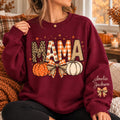 Personalized Fall Mama Patterned Sweatshirt, Custom Sleeve Name Crewneck, Pumpkin Bow Fall Shirt, Thanksgiving Outfit, Mama Birthday Gift