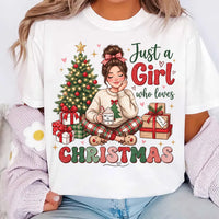 Personalized Just a Girl Who Loves Christmas Shirt, Cute Holiday Cocoa Tee, Festive Pajama Top, Cozy Winter Graphic Shirt, Gift for Her