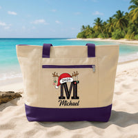 Personalized Christmas Tote Bag with Zipper, Custom Initial Name Pouch, Holiday Canvas Tote, Santa Hat Carryall, Christmas Gift for Her