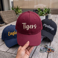 Personalized Team Name Embroidered Hat, Custom Mascot Script Lettering Cap, Team Baseball Cap, Game Day School Spirit Hat, Coach Gift