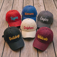 Personalized Team Name Embroidered Hat, Custom Mascot Script Lettering Cap, Team Baseball Cap, Game Day School Spirit Hat, Coach Gift