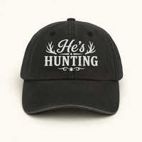 Personalized He's Hunting Embroidered Hat, Funny Hunting Wife Cap With Antlers, Low Profile Dad Hat, Custom Side Text, Gift for Her
