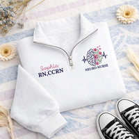 Personalized Neuro Nurse Embroidered Quarter Zip Sweatshirt, Custom Name RN Pullover, Brain Floral Top, Neuro Unit Layer, Gift for RN