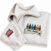 Personalized Teacher Embroidered Quarter Zip Sweatshirt, Custom Name Crayon Top, Crayon Art Pullover, Classroom Layer, Teacher Gift