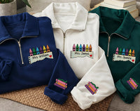 Personalized Teacher Embroidered Quarter Zip Sweatshirt, Custom Name Crayon Top, Crayon Art Pullover, Classroom Layer, Teacher Gift