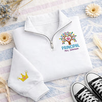 Personalized Principal Embroidered Quarter Zip Sweatshirt, Custom Name School Top, Tree Crown Sleeve, School Staff Top, Principal Gift
