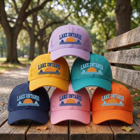 Lake Ontario Embroidered Hat, Sunset Sailboat Lake Vacation Escape, Low Profile Dad Hat, Summer Vacation Travel Souvenir, Gift for Her