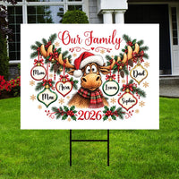 Personalized Family Christmas Yard Sign, Custom Names Moose Santa Hat Ornaments, Weatherproof Coroplast Sign, Outdoor Holiday Yard Decor