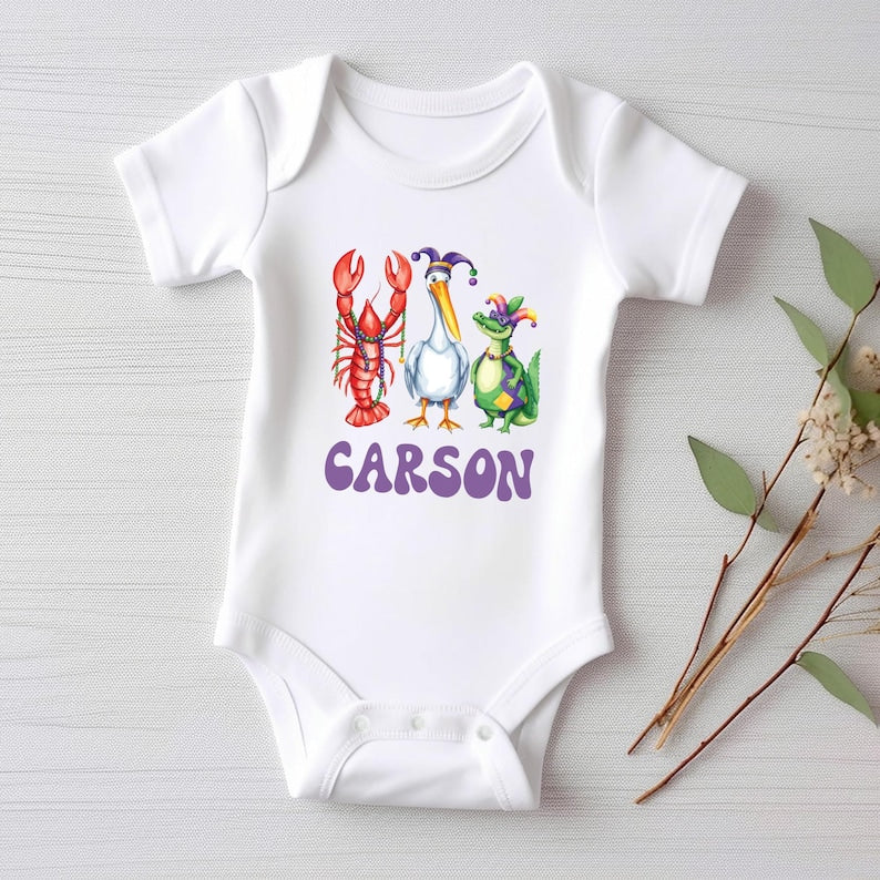 Personalized Mardi Gras Baby Bodysuit, Adorable Mardi Gras Parade Outfit for Boys and Girls