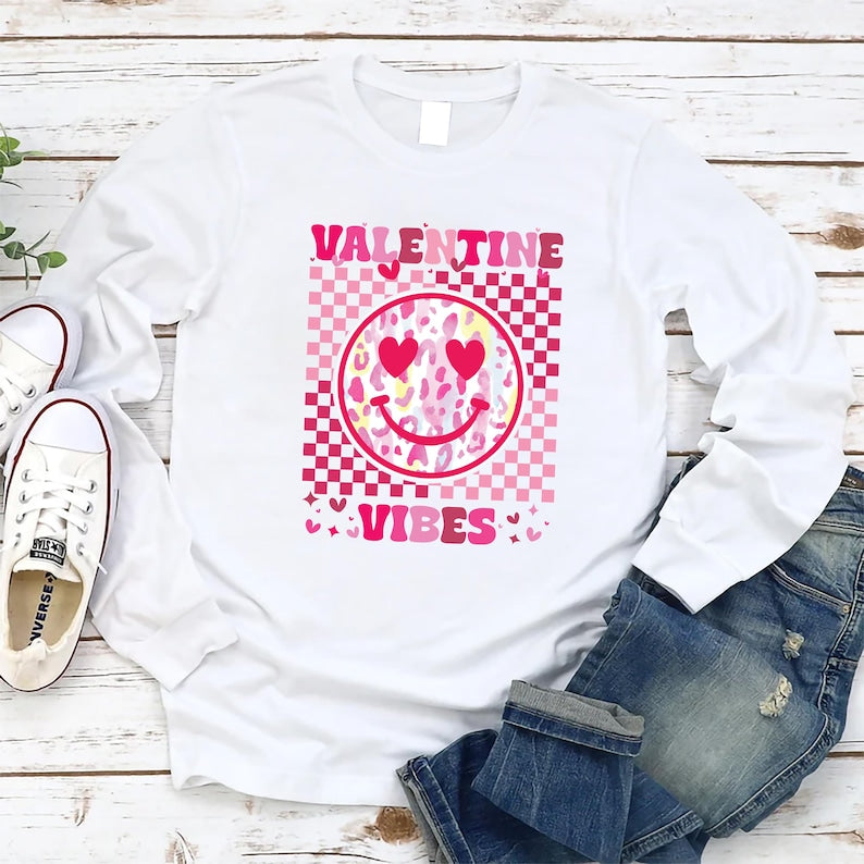 Retro Valentine's Day Long Sleeve Shirt, Heart Valentine Vibes Shirt