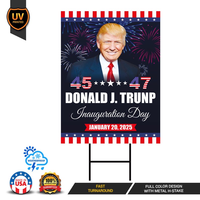 Trump Inauguration 2025 Yard Sign - JD Vance Lawn Sign, 45 47 President Donald Trump Sign, Trump Inauguration Yard Sign with Metal H-Stake