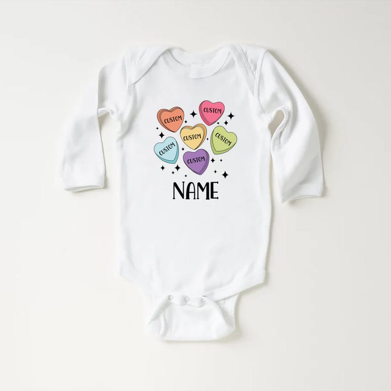 Custom Candy Hearts Baby Bodysuit, Personalized Valentine’s Day Outfit