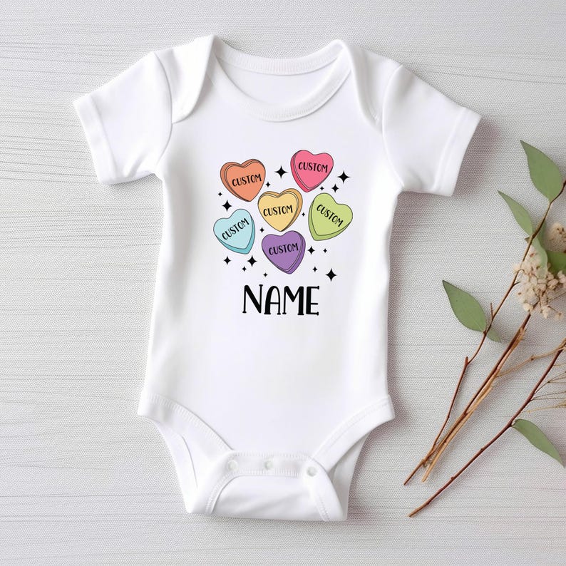 Custom Candy Hearts Baby Bodysuit, Personalized Valentine’s Day Outfit