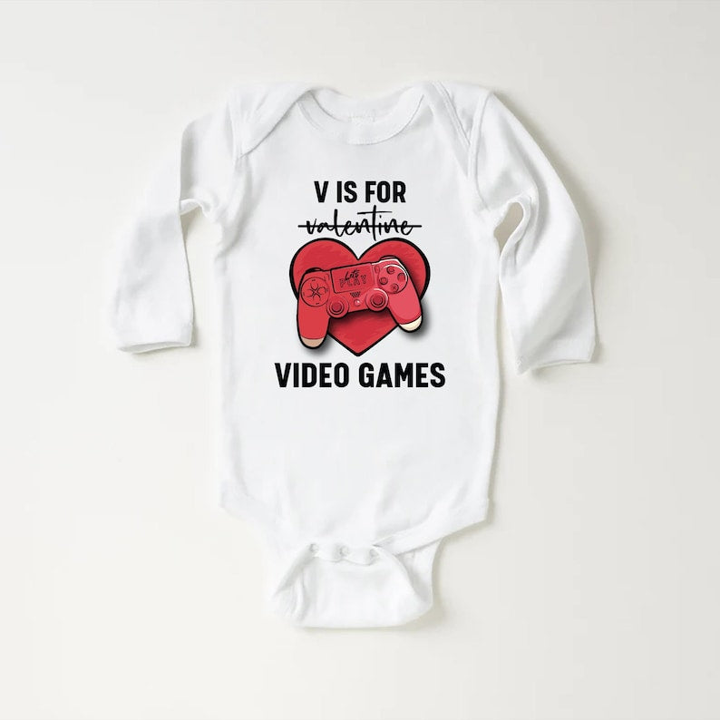Boys Valentine’s Day Baby Bodysuit, Funny "V is for Video Games" Kids Outfit