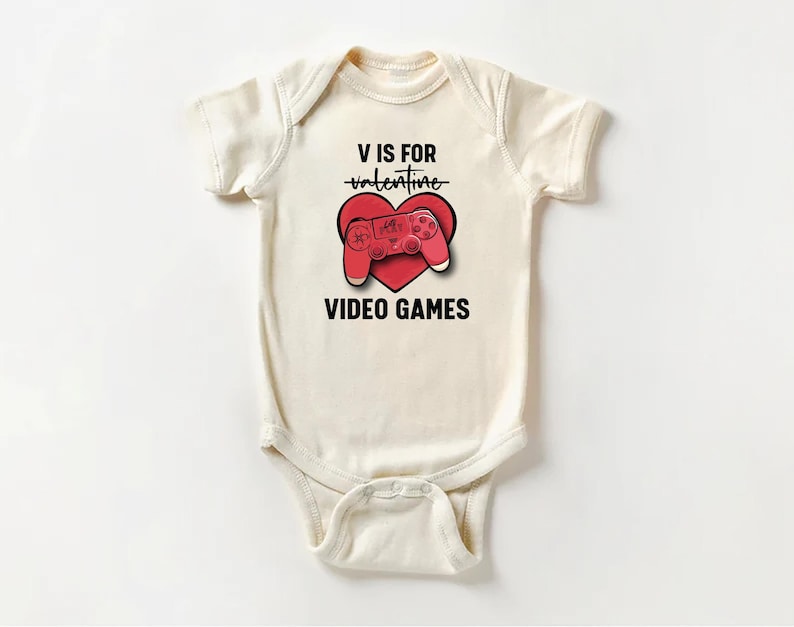 Boys Valentine’s Day Baby Bodysuit, Funny "V is for Video Games" Kids Outfit