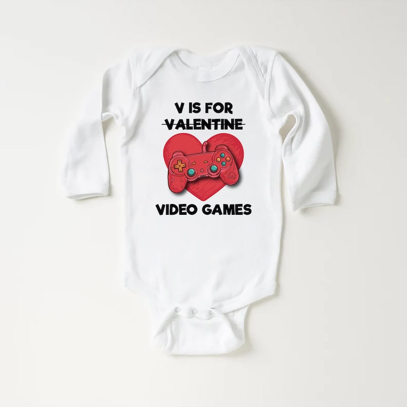 Boys Valentine’s Day Baby Bodysuit, Funny "V is for Video Games" Kids Outfit