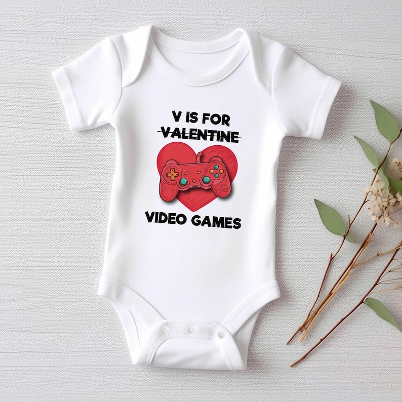 Boys Valentine’s Day Baby Bodysuit, Funny "V is for Video Games" Kids Outfit