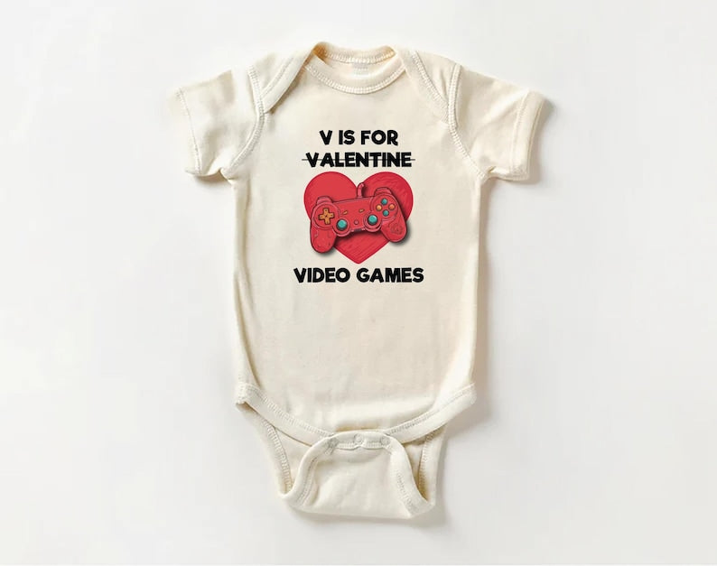 Boys Valentine’s Day Baby Bodysuit, Funny "V is for Video Games" Kids Outfit