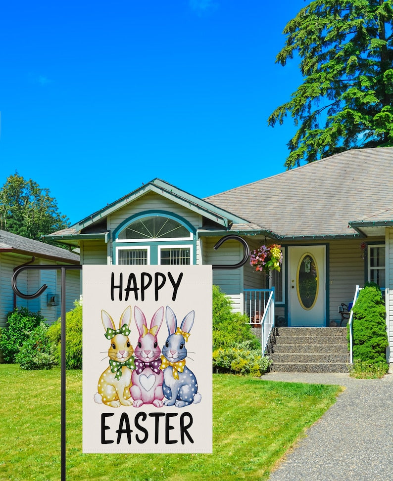 Happy Easter Polka Dot Rabbit Welcome Garden Flag, 12x18 Inch Double Sided, Love Heart Bunny Bow Easter Day Yard Decorations, Bunny Flag
