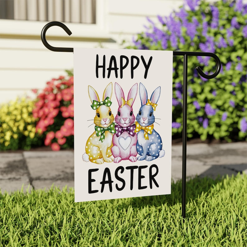 Happy Easter Polka Dot Rabbit Welcome Garden Flag, 12x18 Inch Double Sided, Love Heart Bunny Bow Easter Day Yard Decorations, Bunny Flag