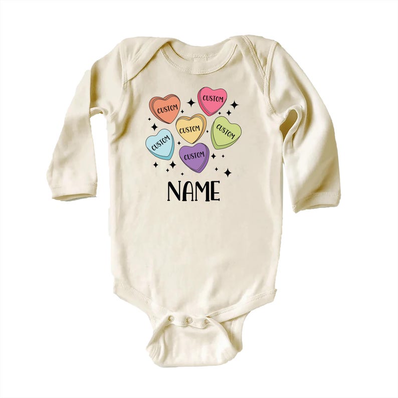 Custom Candy Hearts Baby Bodysuit, Personalized Valentine’s Day Outfit