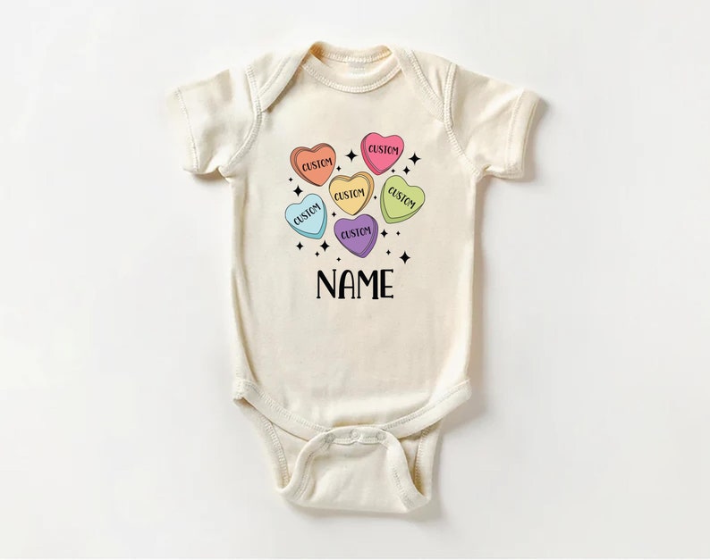 Custom Candy Hearts Baby Bodysuit, Personalized Valentine’s Day Outfit