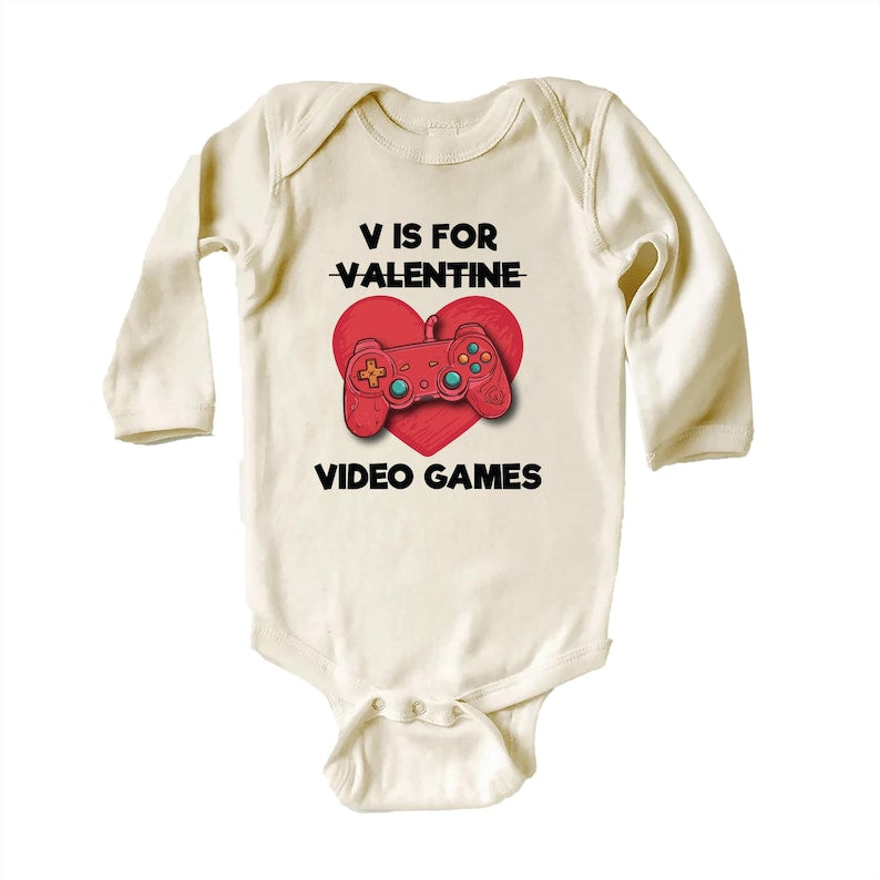 Boys Valentine’s Day Baby Bodysuit, Funny "V is for Video Games" Kids Outfit